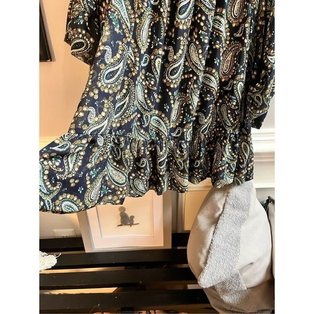Betsey Johnson Navy Paisley Boho Wide Sleeve Back Tie Dress sz 8 EUC